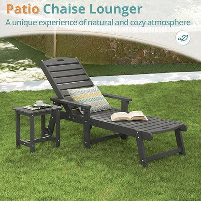 LUE BONA Lounge Chair Outdoor Set of 2, HDPS Chaise Lounge Outdoor with Wheels, 5 Positions Adjustable Pool Lounger Chairs for Outside, Patio, Dark Gray