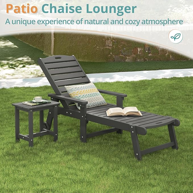LUE BONA Lounge Chair Outdoor, HDPS Chaise Lounge Outdoor with Wheels, 5 Positions Adjustable Pool Lounger Chairs for Outside, Patio, Dark Gray