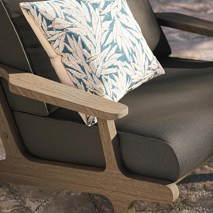 Modway Saratoga Teak Outdoor Lounge Chair in Flint Gray – Oversized Patio Accent Armchair with Wood Frame and Weather-Resistant Cushions