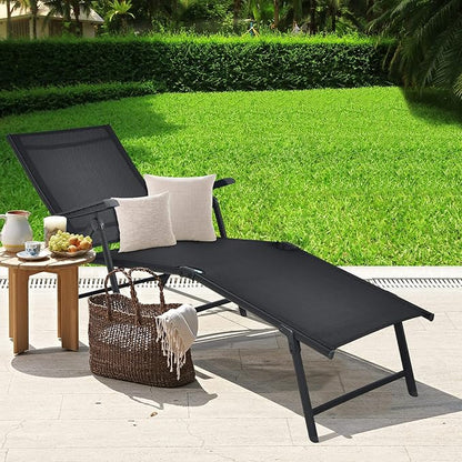 Tangkula Folding Lounge Chair Outdoor, Recliner Chaise Lounge with 5-Position Adjustable Backrest & 2-Position Footrest, No Assembly Required, Suitable for Patio Poolside Beach Yard (2, Black)