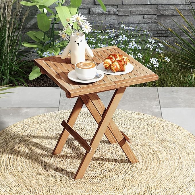 Tangkula Patio Folding Side Table, Teak Wood Square Patio Table with X-Shaped Legs & Slatted Tabletop - Photo 2