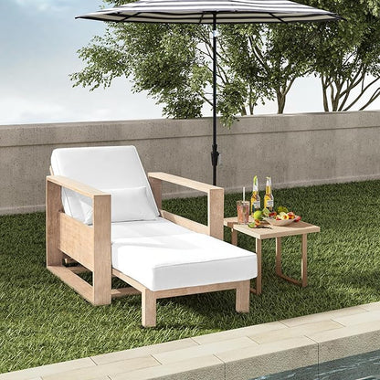 HULALA HOME Outdoor Chaise Lounge, Solid Wood Patio Lounge Chair with Lumbar Pillow, Adjustable Reclining Poolside Lounge Chair, White