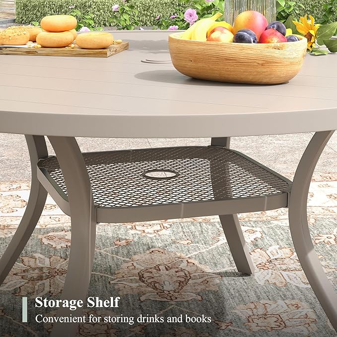 47.2" Patio Dining Table for 6, Round Outdoor Metal Dining Table with Umbrella Hole for Lawn Garden Backyard, Sandshell