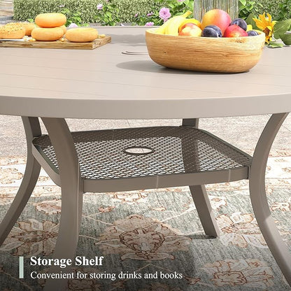 47.2" Patio Dining Table for 6, Round Outdoor Metal Dining Table with Umbrella Hole for Lawn Garden Backyard, Sandshell