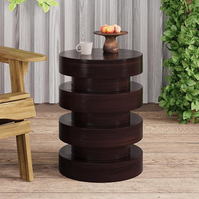 Christopher Knight Home Jeru Lightweight Concrete Round Coffee Table, Indoor and Outdoor Side Table for Living Room, MGO Small Side Table, 3-Tier Design, No Assembly Needed, Brown