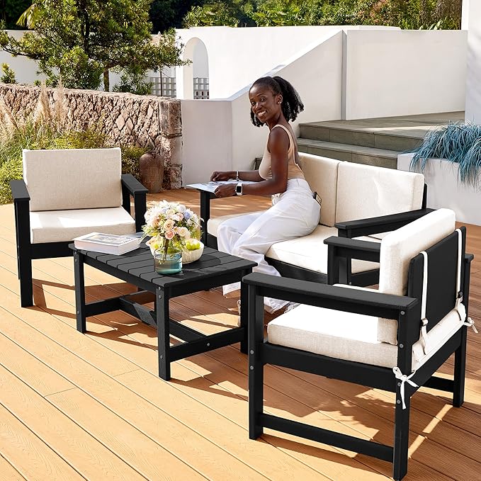 SERWALL 2 Pieces Single Cushioned Sofa Armchair, Black HDPE Adirondack Outdoor Sofa Lounge with Khaki Cushion - Photo 7