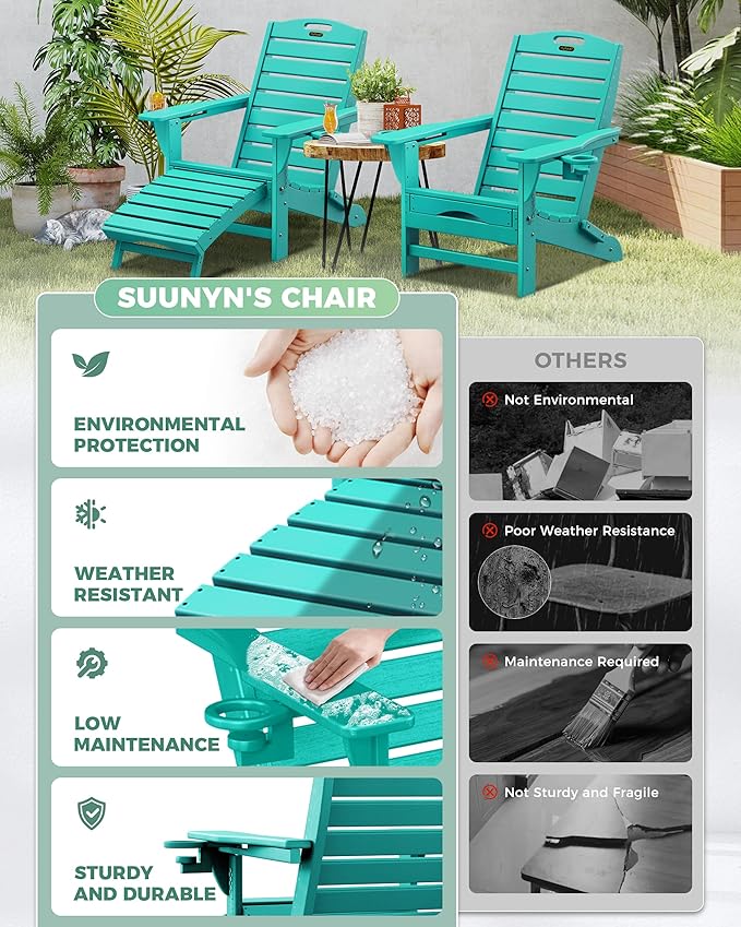 Folding Adirondack Chairs Set of 4,Adirondack Chair with Retractable Ottoman,Plastic Adirondack Chairs with 2 Cup Holder,Weather Resistant Patio Chair,Outdoor Chairs Set of 4(Lake Blue)