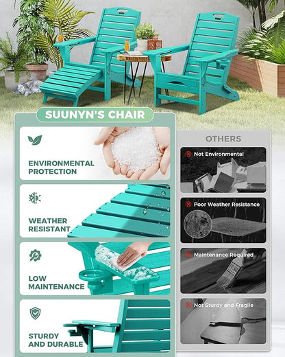 Folding Adirondack Chairs Set of 2,Adirondack Chair with Retractable Ottoman,Plastic Adirondack Chairs with 2 Cup Holder,Weather Resistant Patio Chair,Outdoor Chairs Set of 2(Lake Blue)