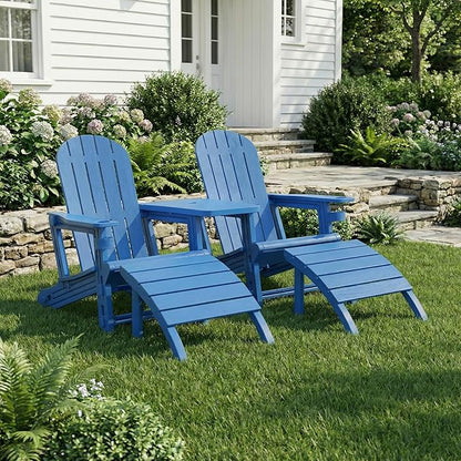 Shintenchi Adirondack Chair Set of 2,HDPE Adirondack Chairs with Umbrella Hole Connecting Tray & 2 Curved Ottoman,Plastic Outdoor Chairs with Cup Holders for Garden Backyard Pool,Blue