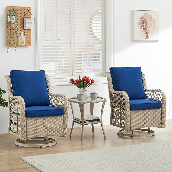 GAOMON 3 Piece Outdoor Patio Set, Wicker Rocking Bistro Set with 2 Swivel Chairs & Tempered Glass Top Table - Photo 8