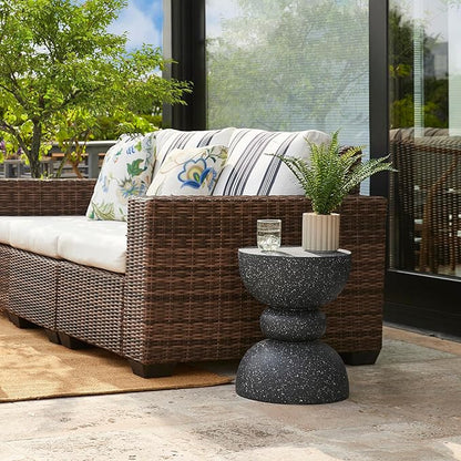 Glitzhome Outdoor Side Table, Round Accent End Table, Lightweight Faux Terrazzo Decorative Garden Stool, 17.25" H Black Planter Stand for Patio Porch Balcony Living Room