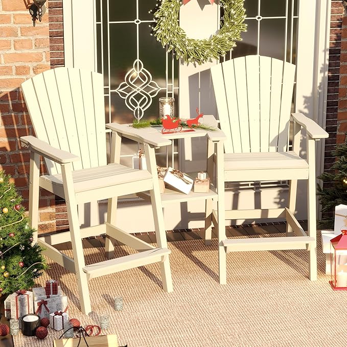 Tall Adirondack Chairs Set of 2, Bar Height HDPE Deck Chairs with Connecting Trays & Umbrella Hole, Weatherproof Patio Bar Stools for Balcony, Garden, White