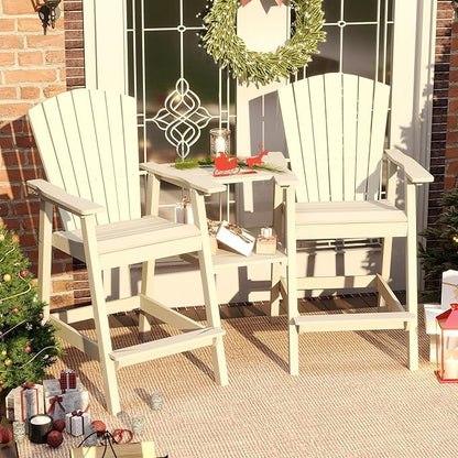Tall Adirondack Chairs Set of 2, Bar Height HDPE Deck Chairs with Connecting Trays & Umbrella Hole, Weatherproof Patio Bar Stools for Balcony, Garden, White