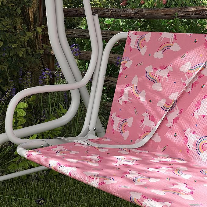 Qaba Kids Patio Swing, 2-Seater Outdoor Porch Swing Chair with Adjustable Canopy, Safety Belt, Unicorn & Rainbow Pattern Hanging Swing Bench for Garden, Backyard, Pink