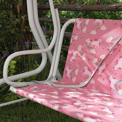 Qaba Kids Patio Swing, 2-Seater Outdoor Porch Swing Chair with Adjustable Canopy, Safety Belt, Unicorn & Rainbow Pattern Hanging Swing Bench for Garden, Backyard, Pink