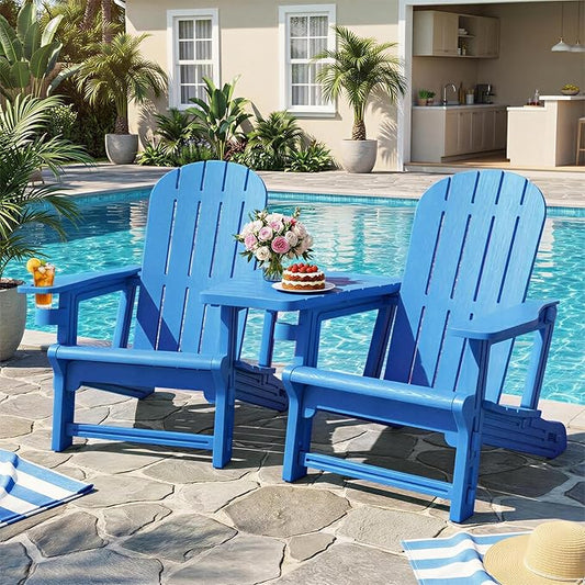 JY QAQA Outdoor Adirondack Chair Set of 2, All-Weather HDPE Patio Furniture with Detachable Table, Wood Texture & Cup Holder for Patio, Poolside, Garden, Blue