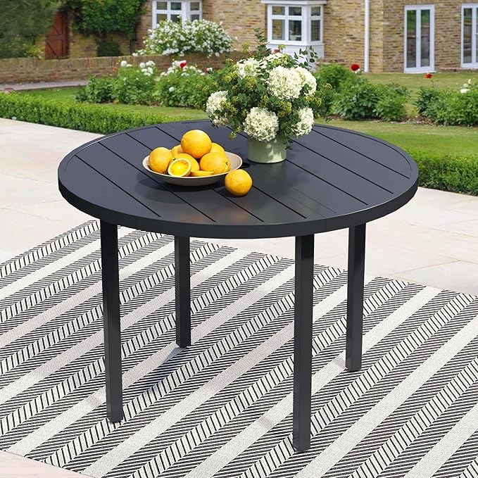 42" Round Patio Dining Table for 4, All-Weather Metal Patio Table with Umbrella Hole, Outdoor Round Dining Table for Lawn Garden Porch, Black