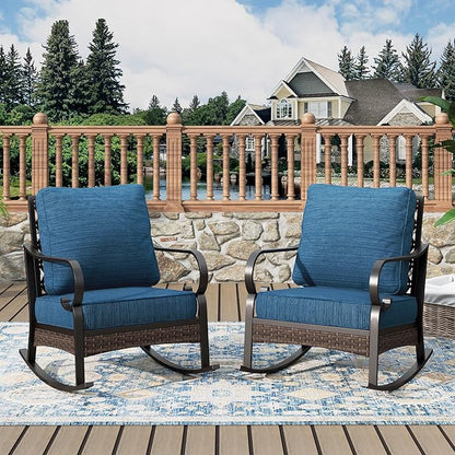 Patio Rocking Chairs Set of 2, Outdoor Sofa Chairs with Deep Seating and 5.75" Cushions, Steel Frame Porch Furniture for Lawn Backyard Deck, Peacock Blue