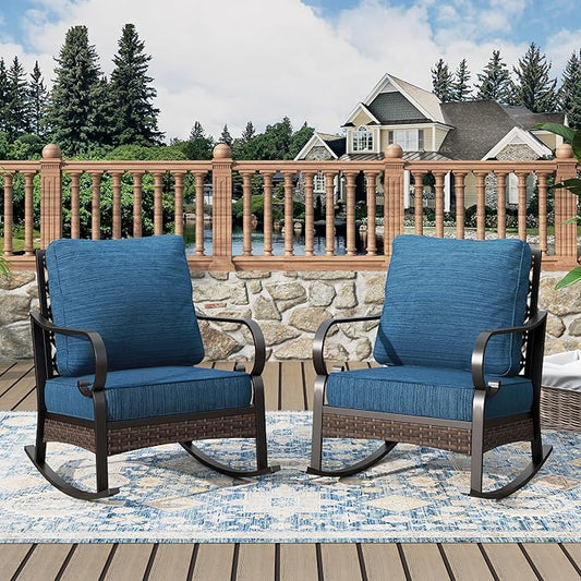 Patio Rocking Chairs Set of 2, Outdoor Sofa Chairs with Deep Seating and 5.75" Cushions, Steel Frame Porch Furniture for Lawn Backyard Deck, Peacock Blue