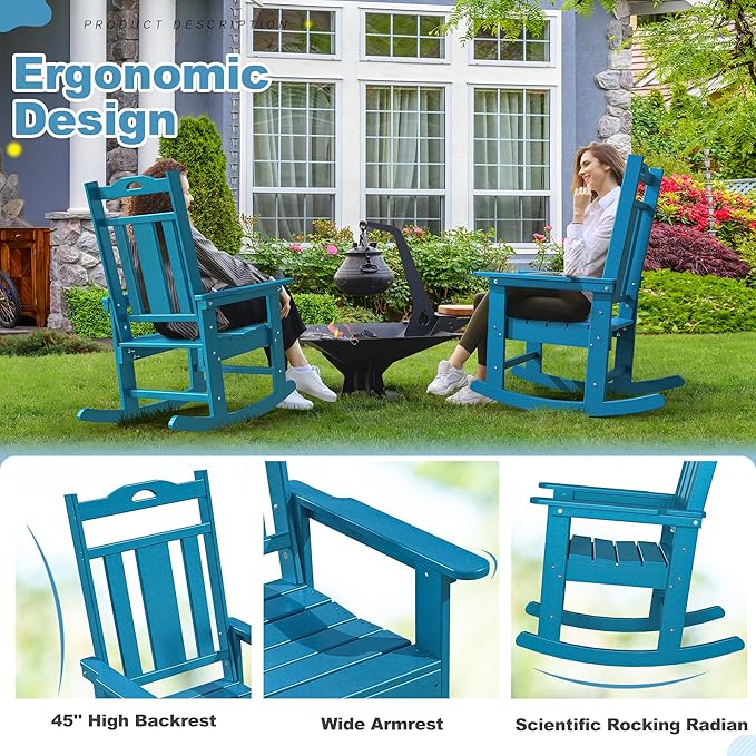 nalone Outdoor Rocking Chairs Set of 2, Oversized Porch Rocker Chair for Adult, All-Weather Resistant Patio Rocking Chair for Garden Lawn (Blue)