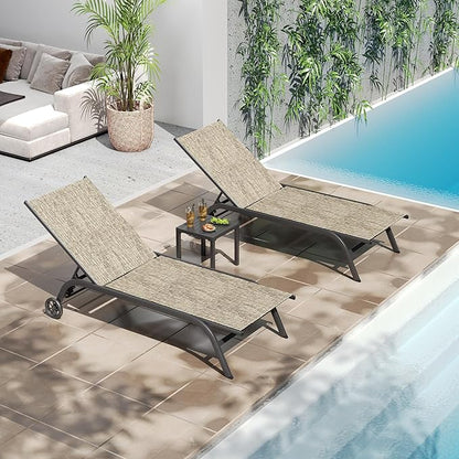 UDPATIO Aluminum Patio Lounge Chairs Set of 2 for Outside with Coffee Table Poolside Chaise Chair with Cushion for Sunbathing 5 Adjustable Position Backrest Outdoor Lounger with Wheels