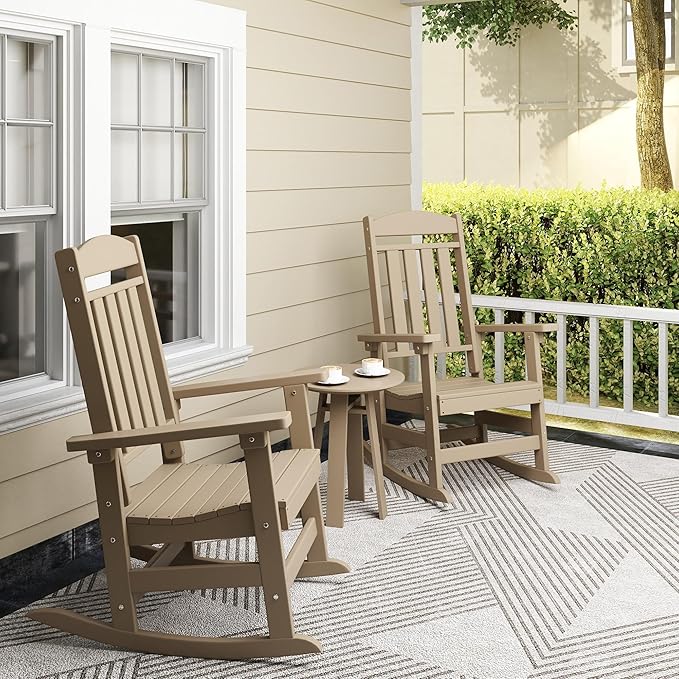 Outdoor Rocking Chairs Set of 8, Oversized High Back Patio Rocking Chairs, All Weather Porch Rocking Chairs for Outside. Brown