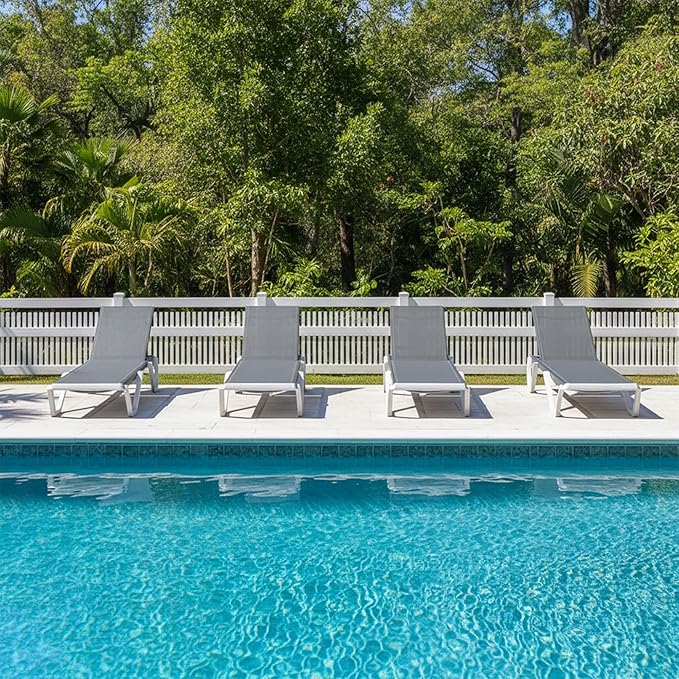 PURPLE LEAF Outdoor Chaise Lounge Set of 4 Plastic Pool Lounge Chair with Aluminum Frame Stackable Patio Tanning Chairs for Poolside Sunbathing Beach Deck Yard, Grey