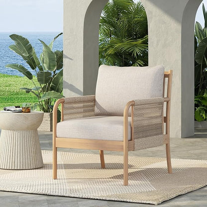 Christopher Knight Home Casper Acacia Wood Lounge Chair Outdoor with Removable Cushion, Wooden Patio Accent Chair with Woven Rope Details, Outdoor Armchair for Patio Furniture Set, Light Teak+Beige