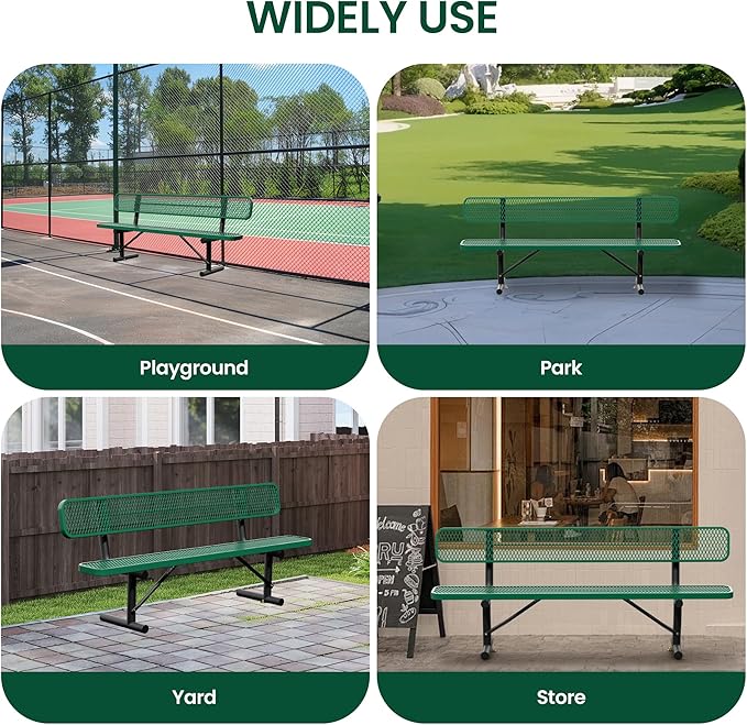 8 Feet Steel Park Bench for Outside, Outdoor Bench with Backrest & Portable Frame, Commercial Benches for Shopping Malls, Stores, Parks, Patios, Decks, Green