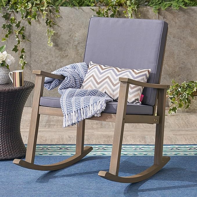 Outdoor Rocking Chair with Armrests and Cushions, Acacia Wood Structure, for Garden, Patio or Balcony, Dark Grey - Photo 1