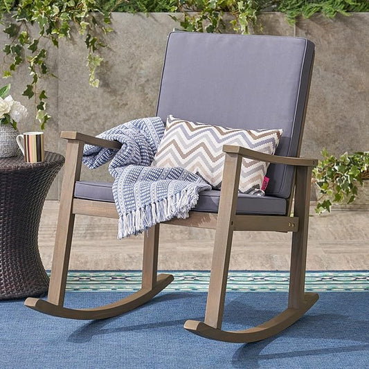 Outdoor Rocking Chair with Armrests and Cushions, Acacia Wood Structure, for Garden, Patio or Balcony, Dark Grey