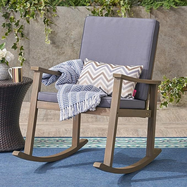 Outdoor Rocking Chair with Armrests and Cushions, Acacia Wood Structure, for Garden, Patio or Balcony, Dark Grey - Photo 1