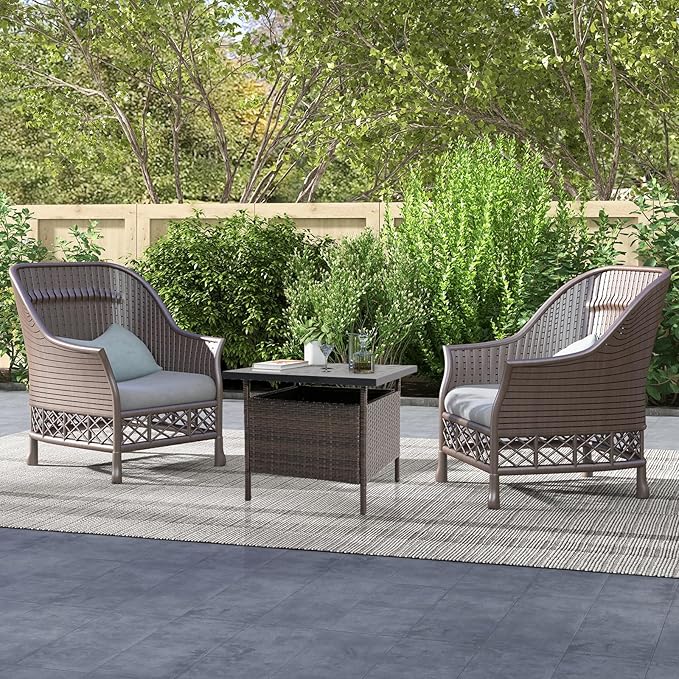 Tangkula Outdoor Wicker Table, Rattan Coffee Table with Umbrella Insert Hole, HDPE Tabletop & Sturdy Metal Frame, Patio Umbrella Side Table Stand for Backyard, Garden, Poolside (Mix Brown)