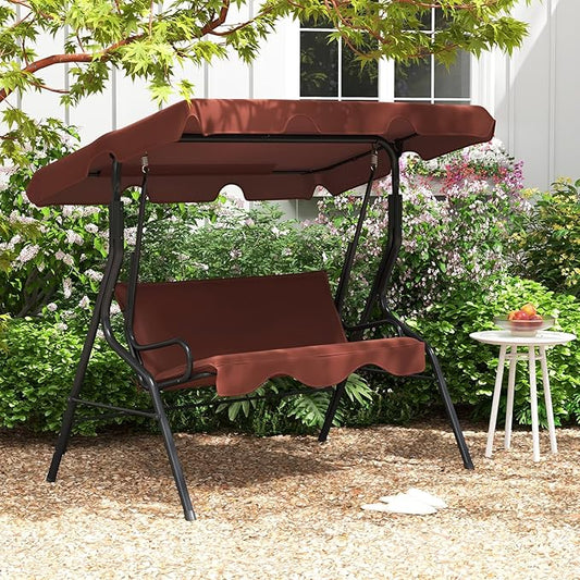 Tangkula 3 Person Porch Swing, Patio Swing with Removable Cushion & Powder-Coated Steel Frame, Outdoor Swing with Canopy for Porch, Backyard, Garden, Balcony (Coffee)