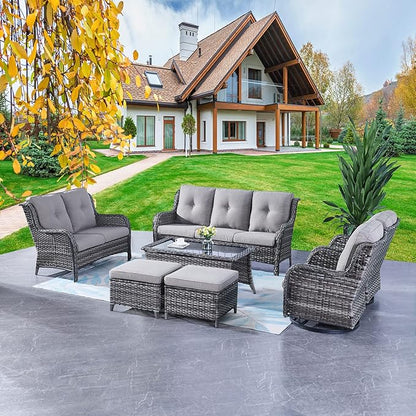 Rilyson Wicker Patio Furniture Set - 7 PC Rattan Outdoor Sectional Conversation Sets with 2 Rocking Swivel Chairs,2 Ottomans,1 Sofa,1 Loveseat and 1 Coffee Table for Porch Deck(Mixed Grey/Grey)