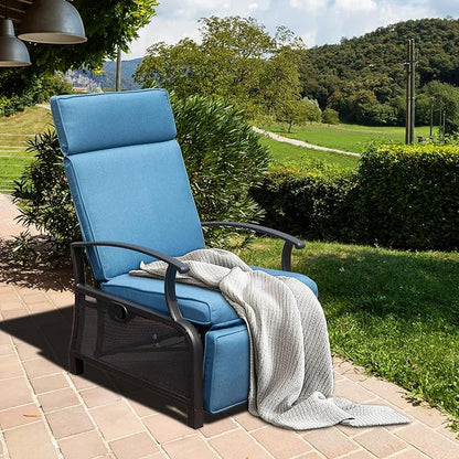 Domi Adjustable Patio Recliner Chair Metal Outdoor Lounge Chair with Flip Table Push Back, Adjustable Angle, Removable Cushions, Support 350lbs, Navy Blue
