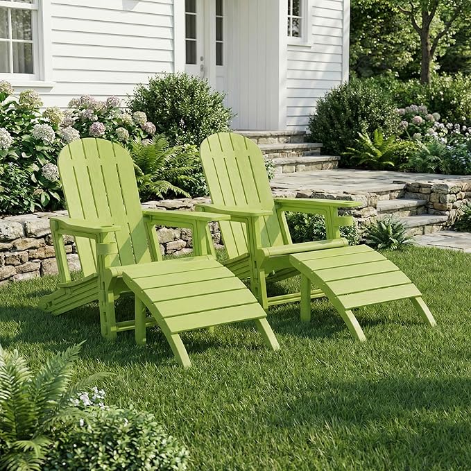 Shintenchi Adirondack Chair Set of 2,HDPE Adirondack Chairs with Umbrella Hole Connecting Tray & 2 Curved Ottoman,Plastic Outdoor Chairs with Cup Holders for Garden Backyard Pool,Green