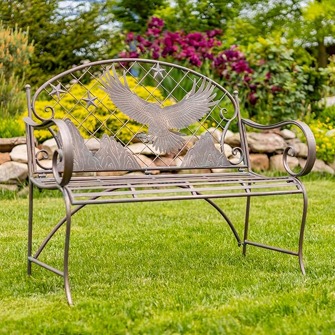 Classic Iron Garden Bench with Nature Scenery (Flying Eagle Backrest in Bronze)