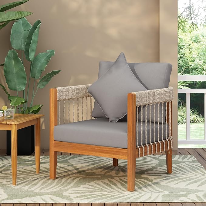 Christopher Knight Home Vinny Acacia Wood Patio Accent Chair, Wooden Lounge Chair Outdoor, Garden/Poolside Comfy Reading Chair with Handwoven Rope Accents and Removable Cushions, Natural+Grey