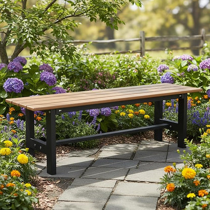 Tangkula 47 Inch HDPE Outdoor Bench Backless, Patio Garden Dining Bench with Slatted Seat & Heavy-duty Metal Frame, 660 LBS Capacity, Weatherproof Outside Bench for Park, Yard, Entryway & Porch, Brown