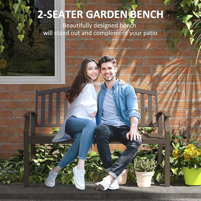 46" Outdoor Garden Bench, Metal Bench, Wood Look Slatted Frame Furniture for Patio, Park, Porch, Lawn, Yard, Deck, Brown
