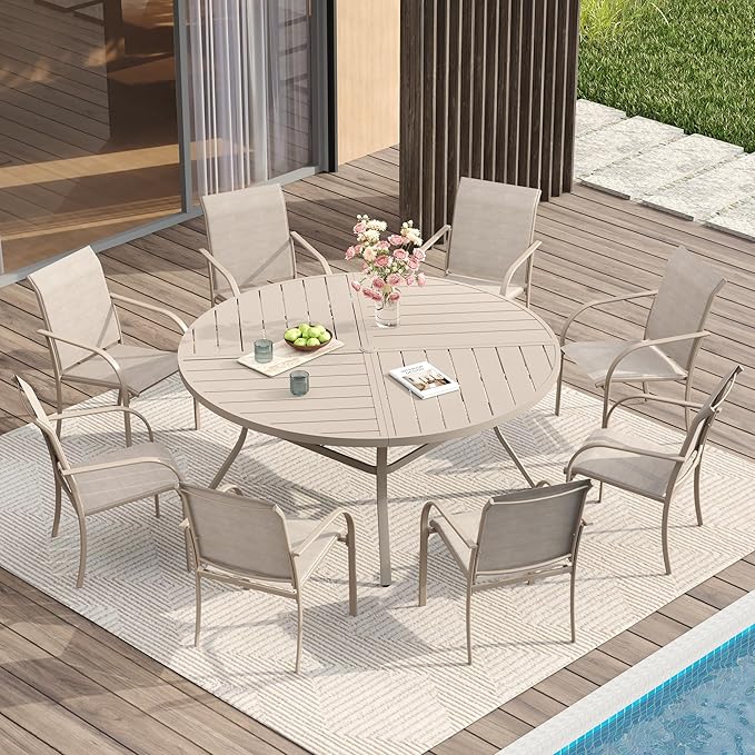 VICLLAX Round Patio Table with Adjustable Umbrella Hole for 8, All Weather Metal Outdoor Dining Table for Lawn Garden - Photo 7