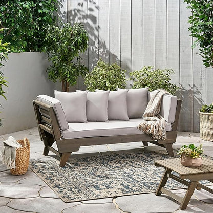 Christopher Knight Home Gary Patio Convertible Couch, Wooden Outdoor Daybed, 3-Seater Acacia Wood Patio Furniture Lounge Sofa for Backyard/Poolside/Garden, Back Pillow+Removable Cushion, Grey