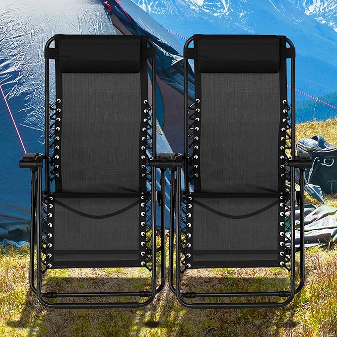 Caravan Sports Zero Gravity Outdoor Portable Folding Camping Lawn Deck Patio Lounge Chair with Adjustable Headrest, Black (Pair)