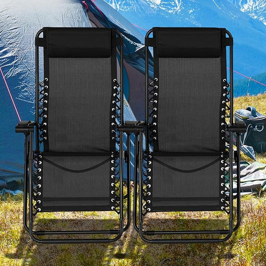 Caravan Sports Zero Gravity Outdoor Portable Folding Camping Lawn Deck Patio Lounge Chair with Adjustable Headrest, Black (Pair)