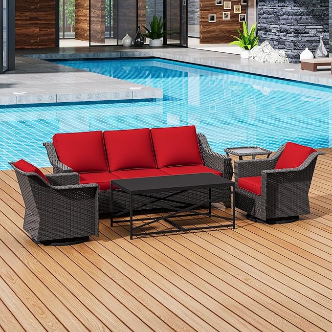 5 Pieces Outdoor Conversation Furniture Set - 77" Patio Sofa, 2 Swivel Rocker Chairs, 1 Side Table, 1 Metal Coffee Table - Photo 5