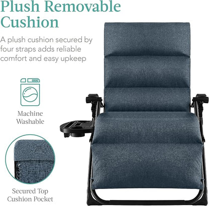 Best Choice Products Oversized Zero Gravity Chair, Folding Outdoor Patio Recliner, XL Anti Gravity Lounger w/Removable Cushion, Cup Holder, Side Tray, 350lb Capacity - Graphite Blue