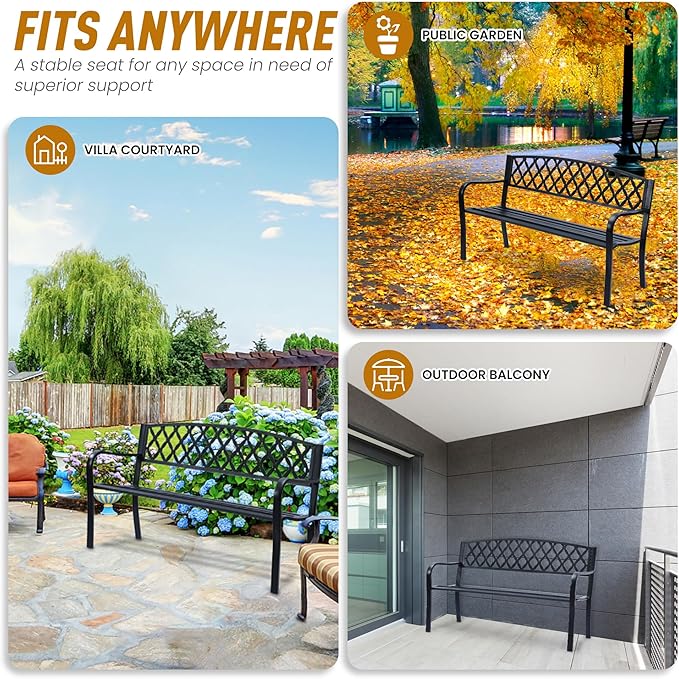 Lattice Metal Park Patio Bench, Outdoor Bench in Black for Porch, Lawn, Garden, Deck by Sun-Ray