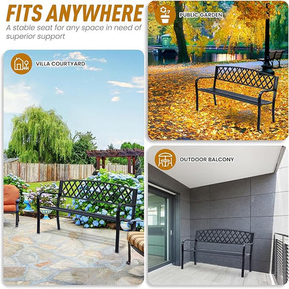 Lattice Metal Park Patio Bench, Outdoor Bench in Black for Porch, Lawn, Garden, Deck by Sun-Ray