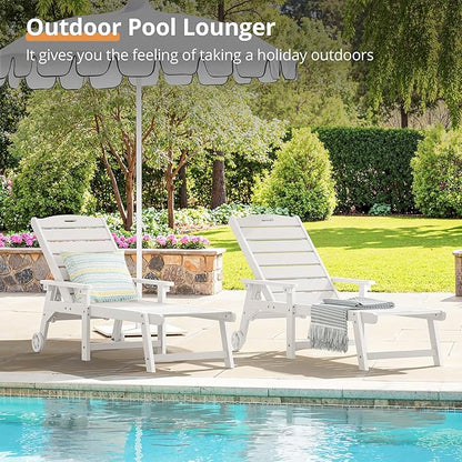 LUE BONA Outdoor Chaise Lounge Chairs Set of 2, HDPS Chaise Lounger, 5 Positions Adjustable Lounge Chairs, Pool Lounge Chair with Wheels for Poolside, 3 Year Warranty, White